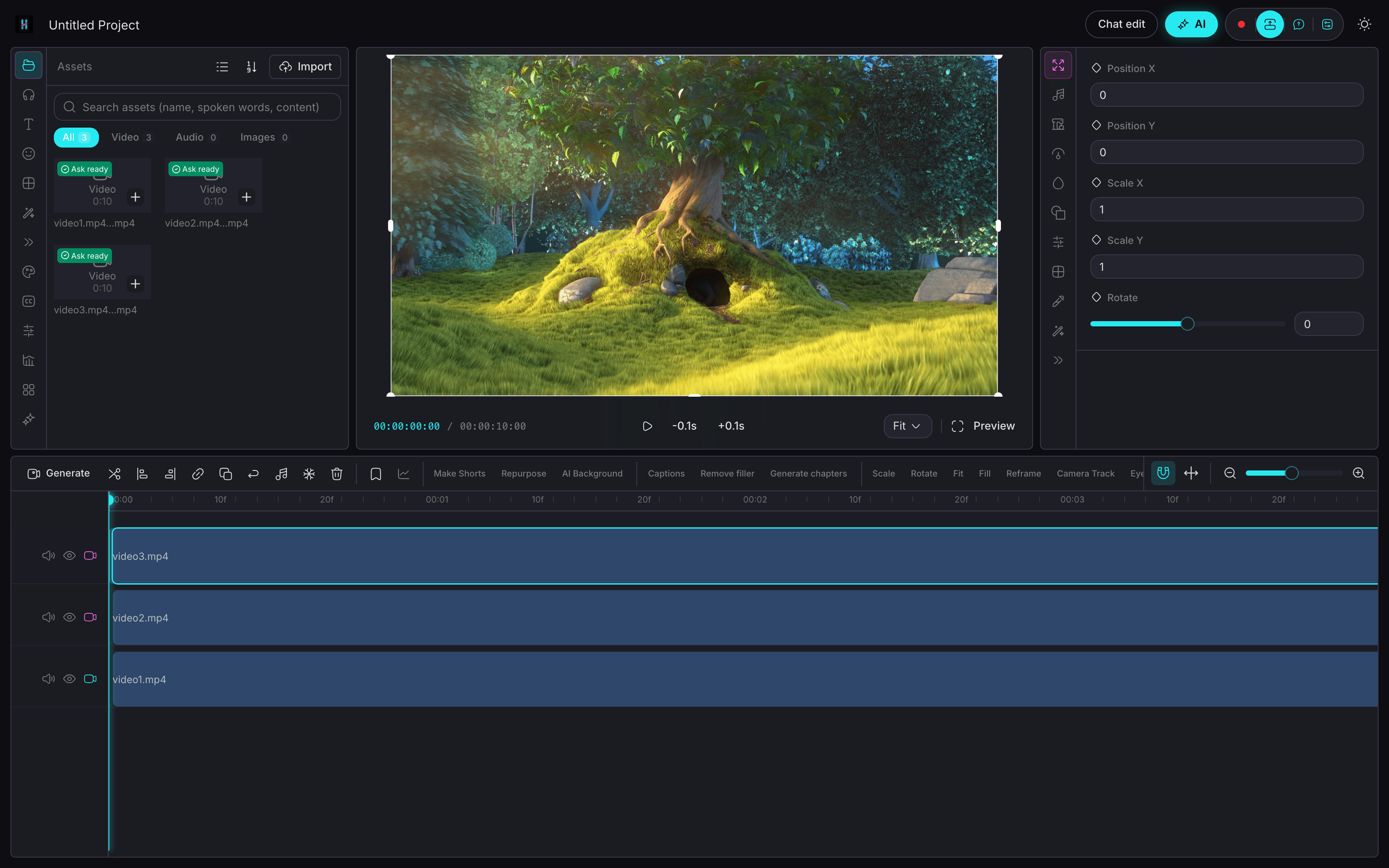 HakoCut editor — three imported camera angles in Assets and on separate timeline tracks